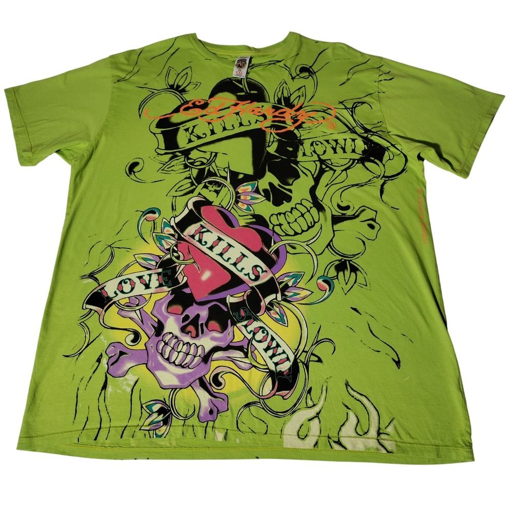 Ed Hardy Christian Audigier Love Kills Slowly Skull T-Shirt Lime Green XXL